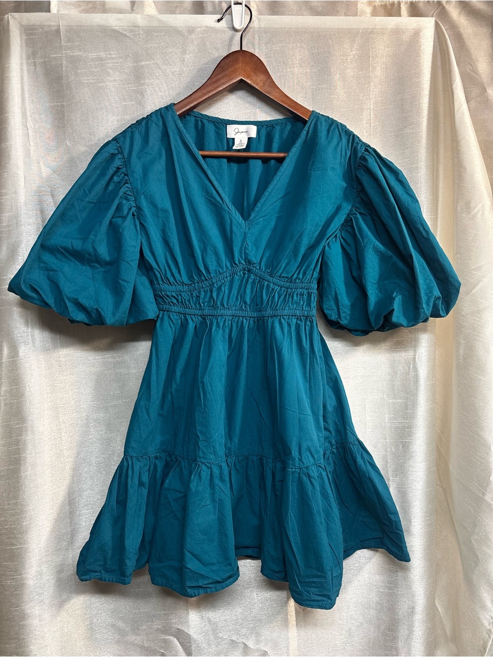 Japna Teal Puff Sleeve Fit & Flare Mini Dress Cotton Small